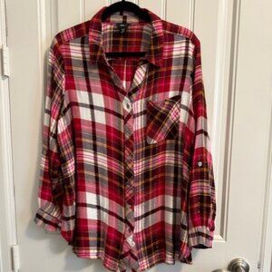 WOMEN’S INTRO LONG SLEEVE ROLL-TAB, Red/White/Black plaid BUTTON UP SHIRT, 2X